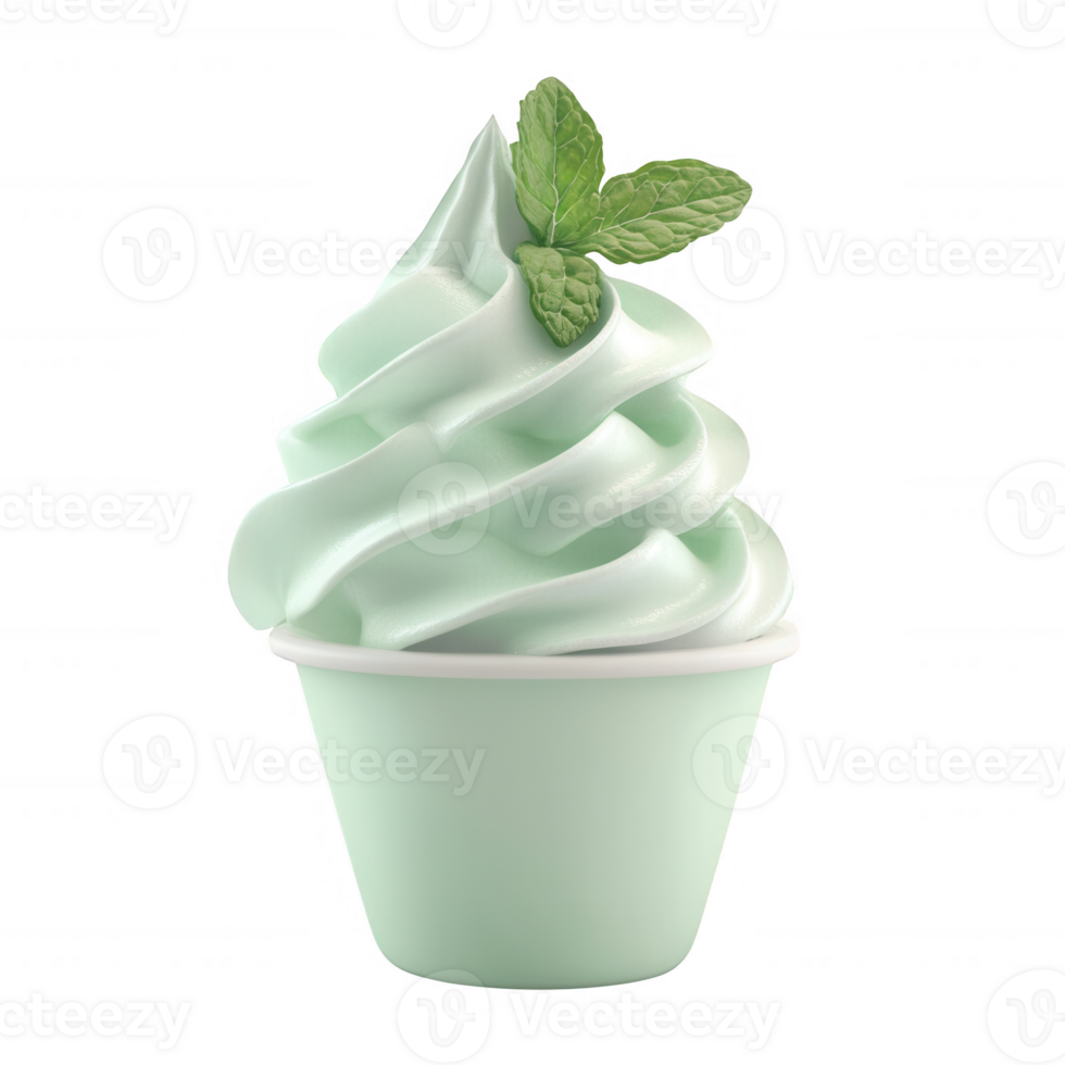 Delicious mint soft serve ice cream in a cup, topped with fresh mint leaves. png