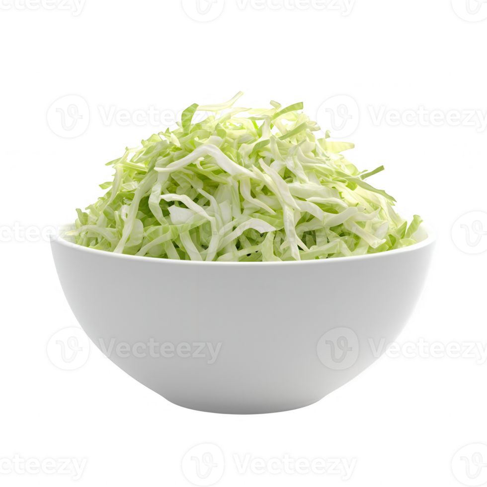 Freshly shredded cabbage in a white bowl, perfect for salads and healthy dishes. png