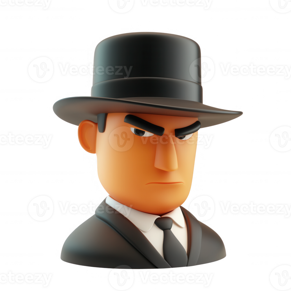 Stylized character in a suit and hat, exuding a serious and mysterious vibe. png