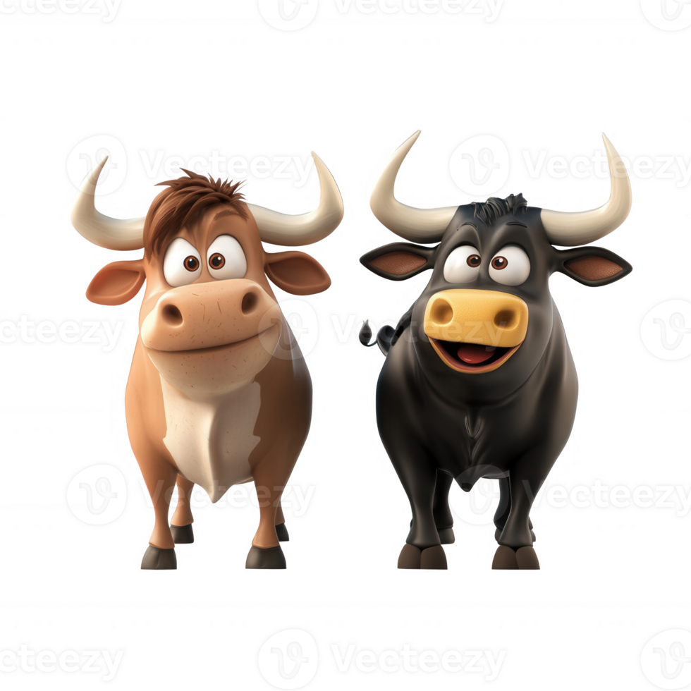 Two cheerful cartoon bulls with expressive eyes and friendly smiles. png