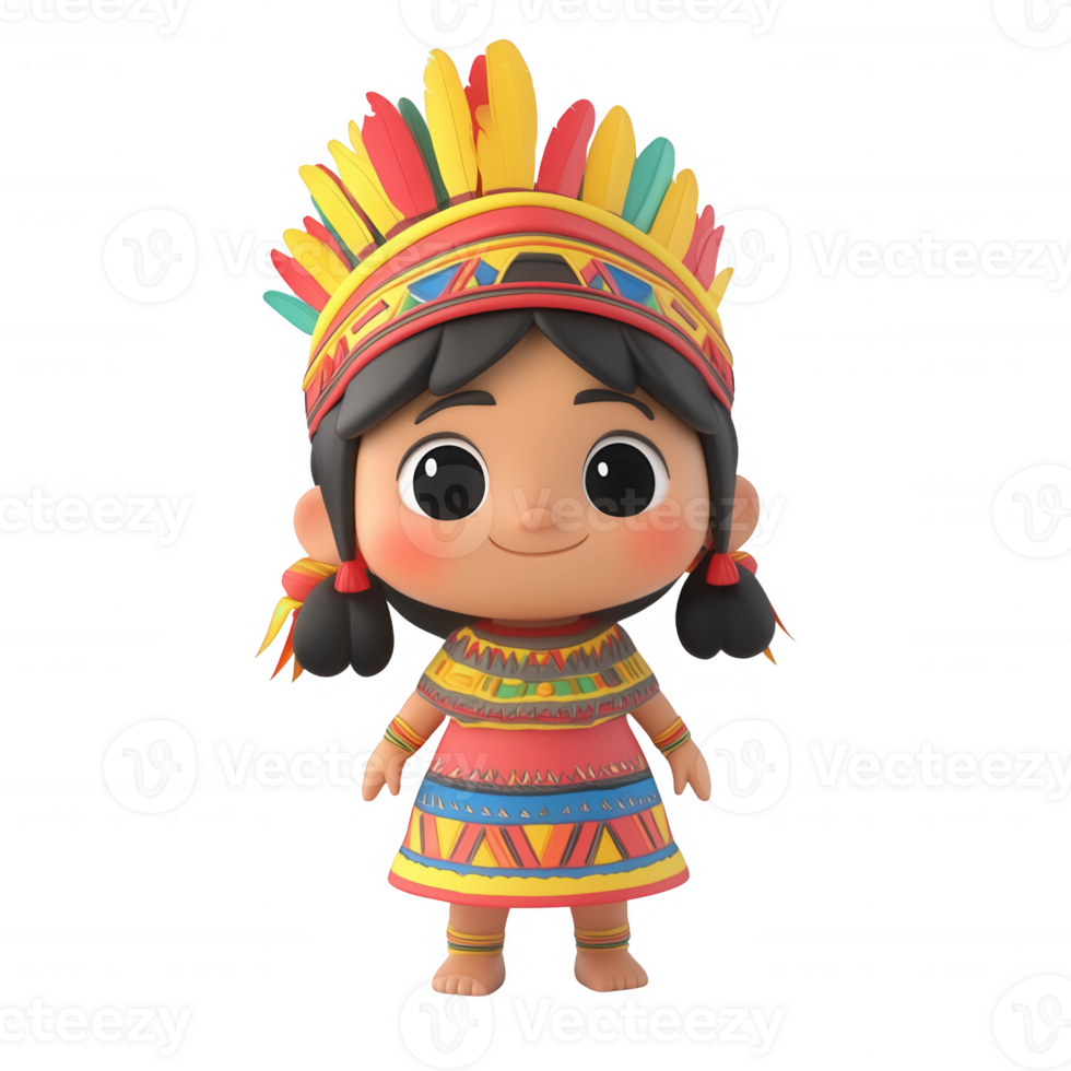 Cute character wearing traditional attire with colorful headdress. png