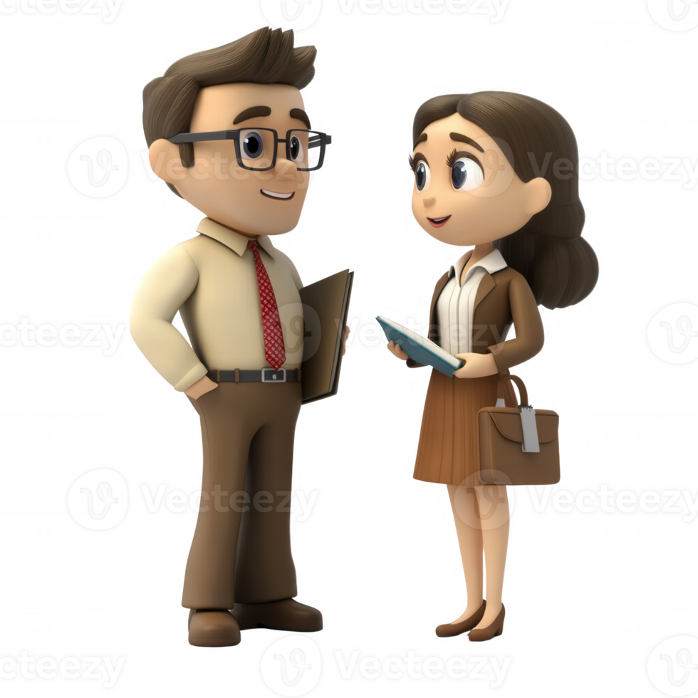 Two animated characters having a positive conversation in a professional setting. png