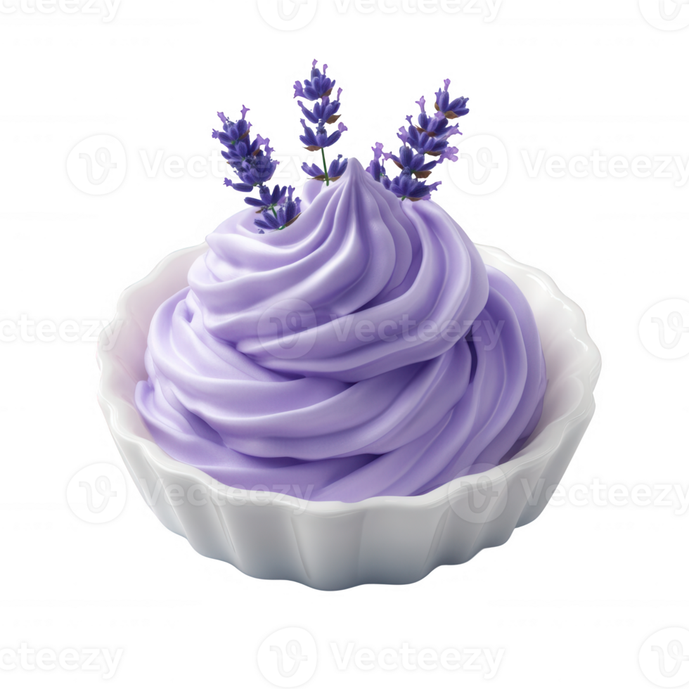 Delicious lavender-flavored cream in a decorative bowl, garnished elegantly. png