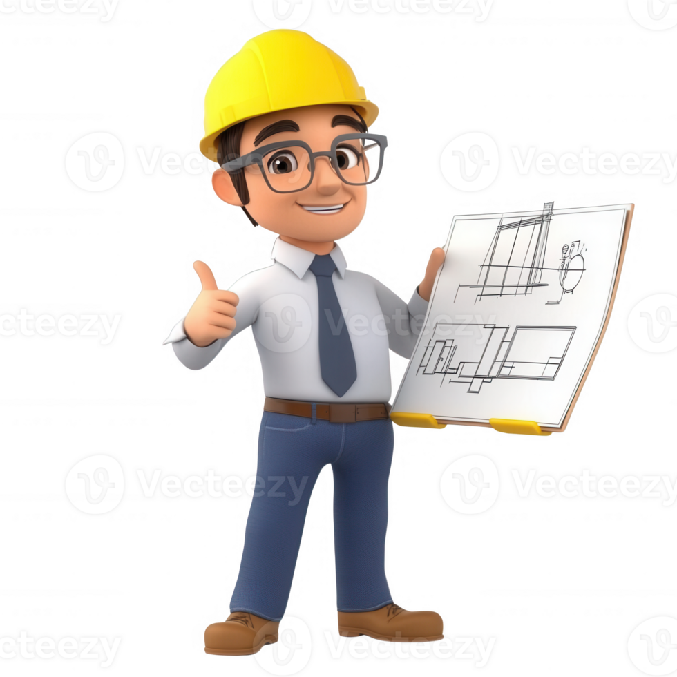 Friendly cartoon engineer holding blueprints and giving a thumbs up. png