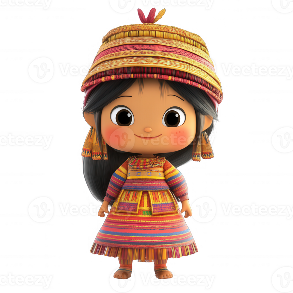Cute animated girl in colorful traditional attire smiling happily. png