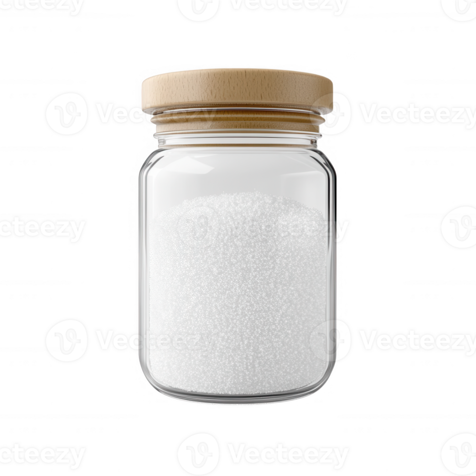 Transparent glass jar filled with granulated white sugar and a wooden lid. png