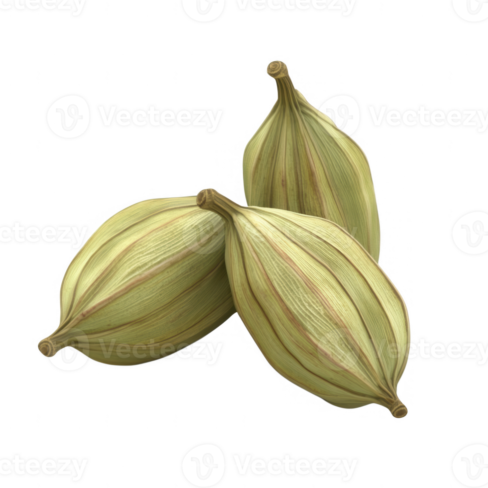 Three green cardamom pods arranged together showcasing their unique texture. png