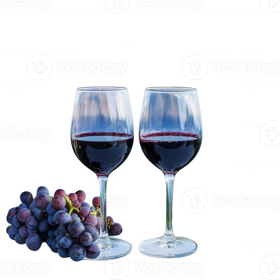 Elegant glasses of red wine with fresh grapes on a stylish backdrop. png