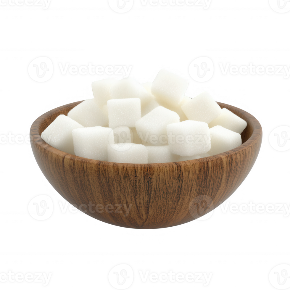 Wooden bowl filled with white sugar cubes showcasing sweetness and culinary delight. png
