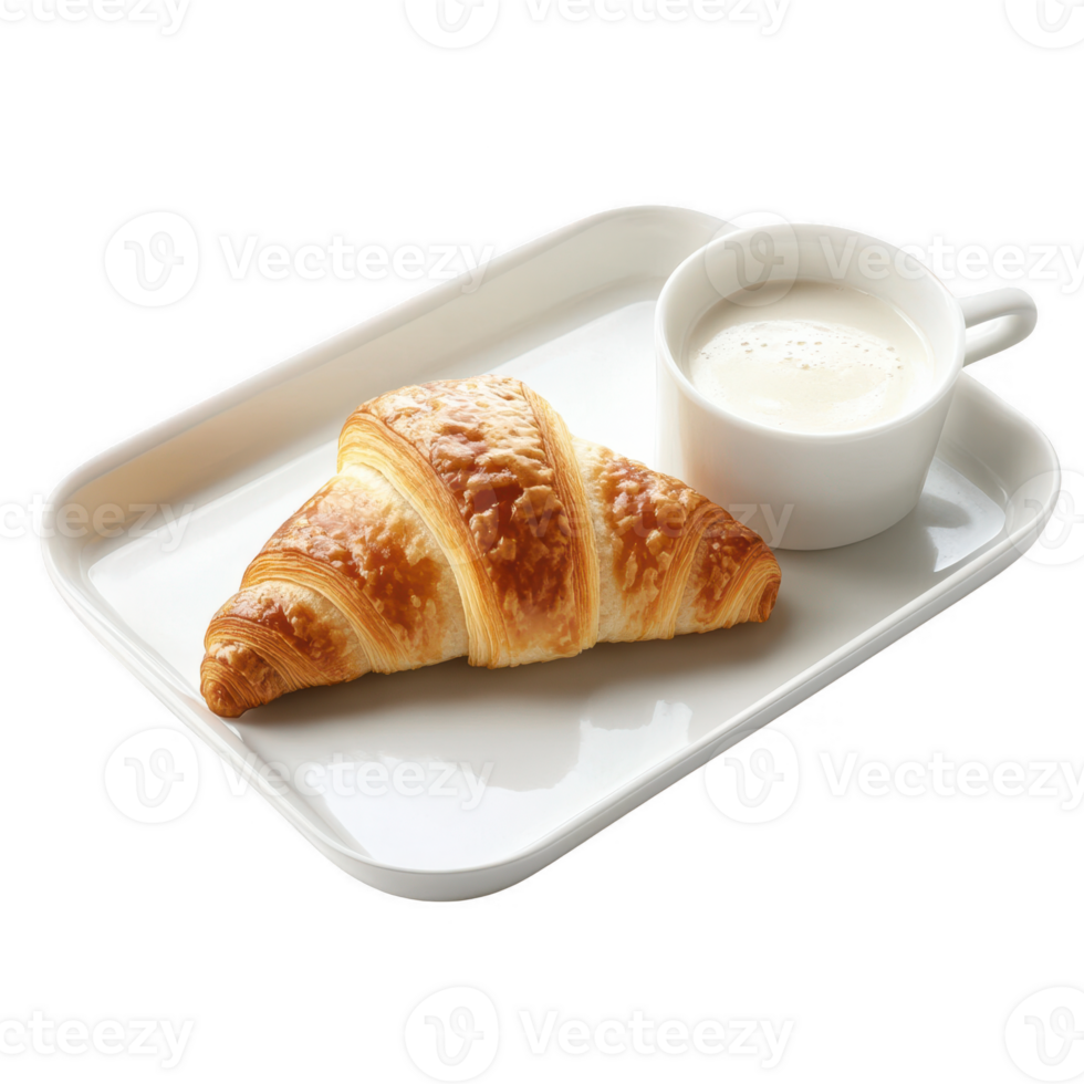 Fresh croissant served with a cup of creamy milk, perfect for breakfast delight. png