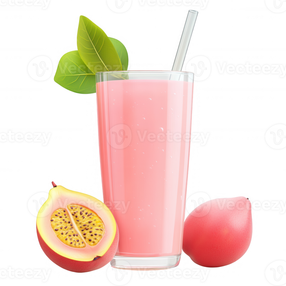 Refreshing pink guava smoothie with fruit slices and green leaves on a clear backdrop. png