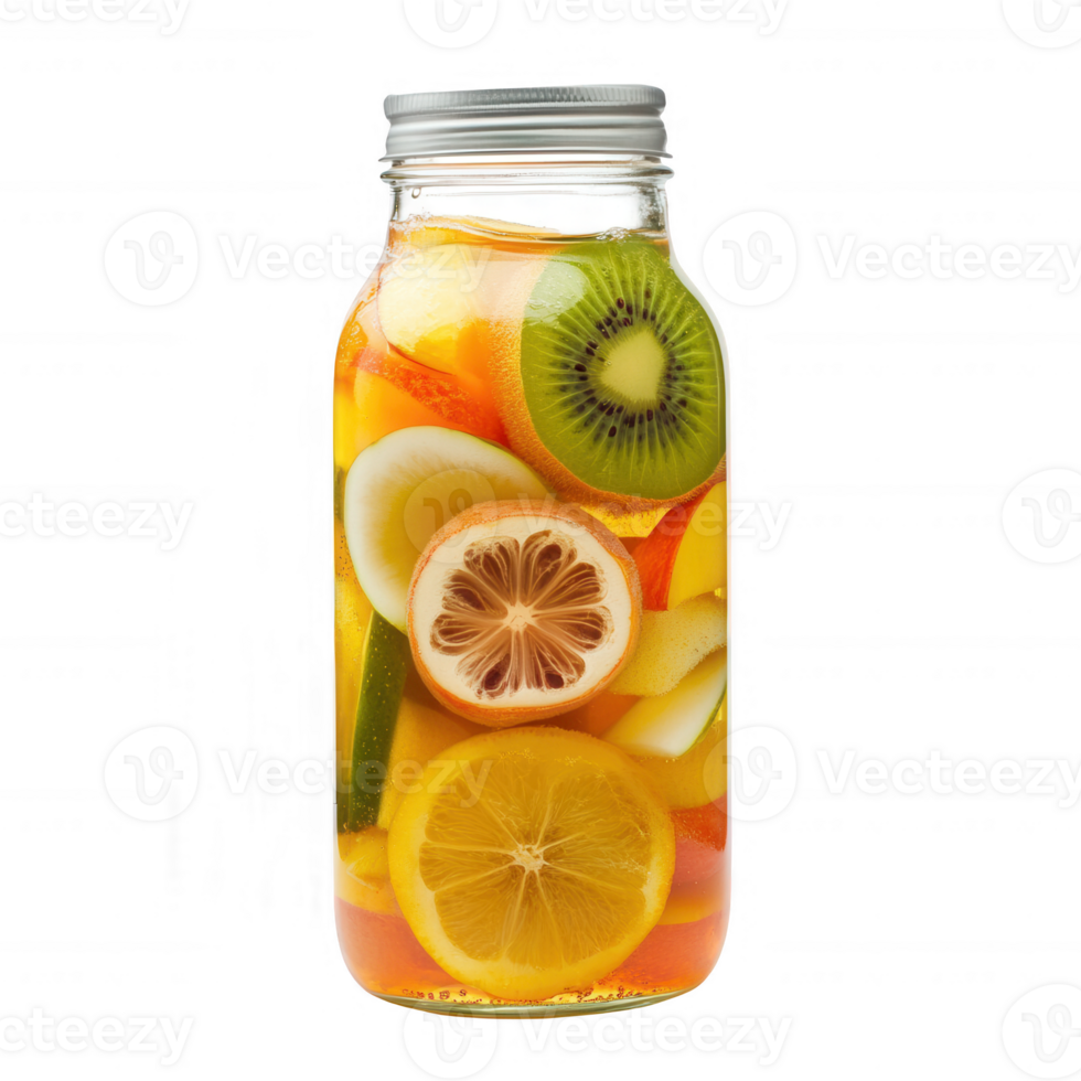 Refreshing fruit-infused beverage in a glass jar with vibrant citrus and kiwi slices. png