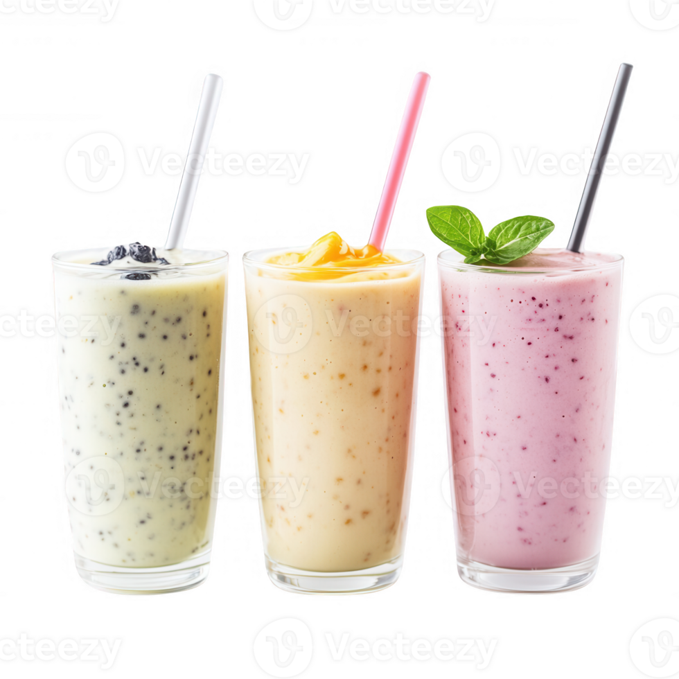 Delicious smoothies in three vibrant colors, perfect for refreshing summer days. png
