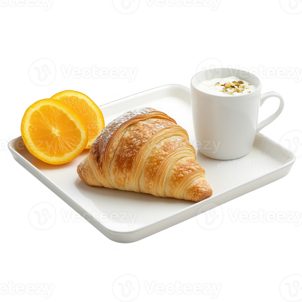 Delicious croissant served with orange slices and a creamy cup of coffee. png