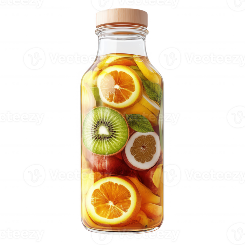 Refreshing fruit-infused drink in a stylish glass bottle with vibrant colors. png
