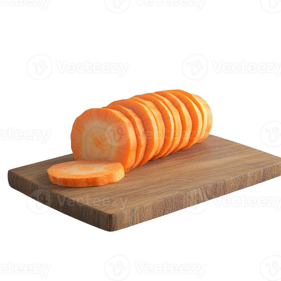 Freshly sliced carrots on a wooden cutting board for healthy cooking and meals. png