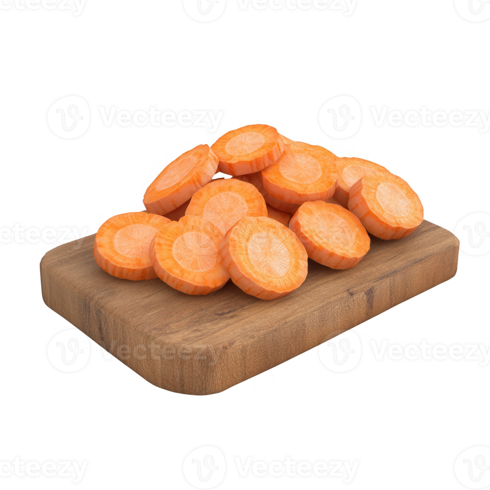 Freshly sliced carrots arranged neatly on a wooden cutting board. png