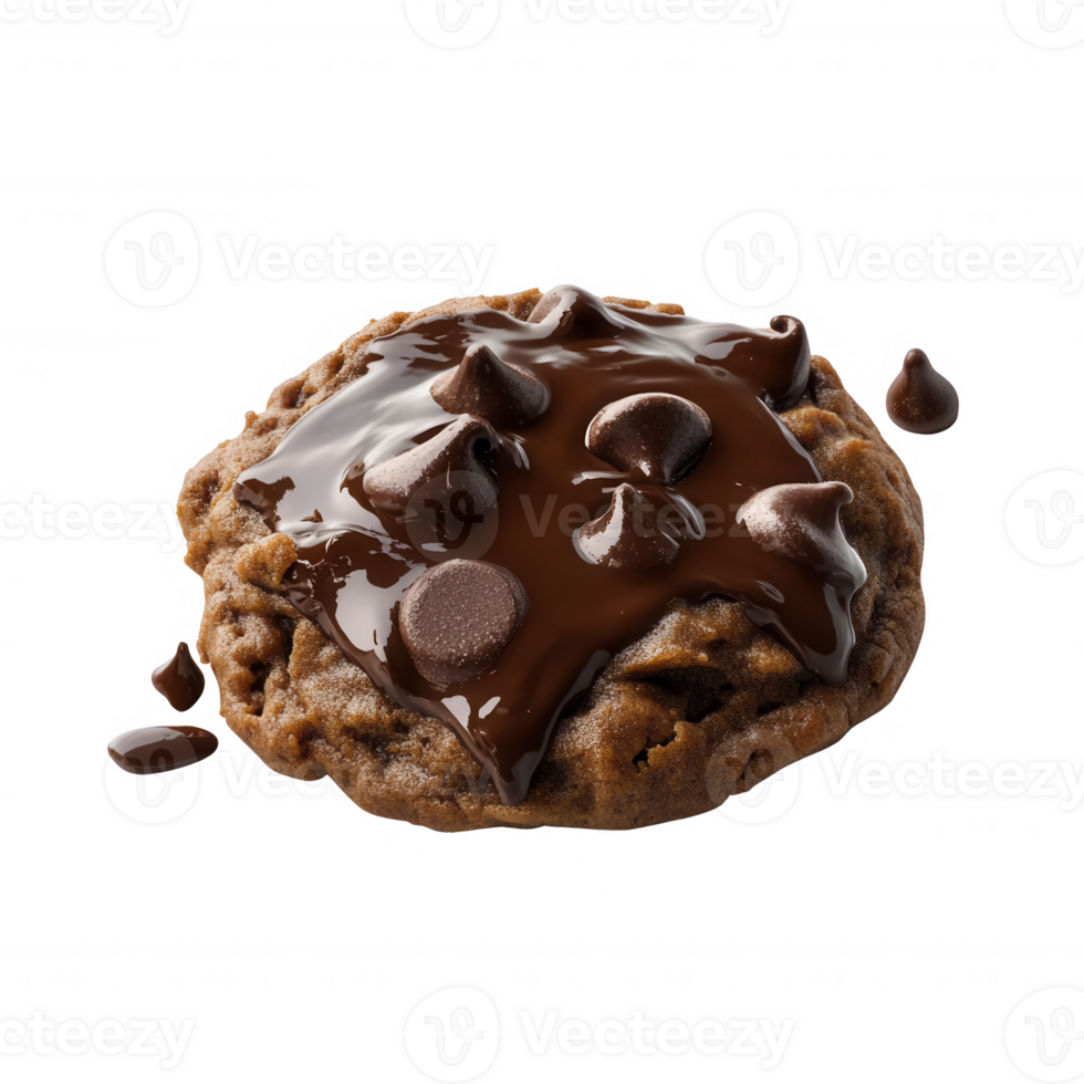 Delicious chocolate chip cookie with melted chocolate on top, perfect for dessert lovers. png