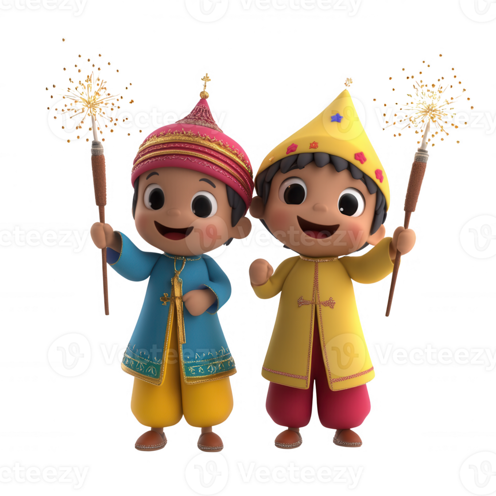 Two joyful children celebrating with sparkles in vibrant traditional attire. png