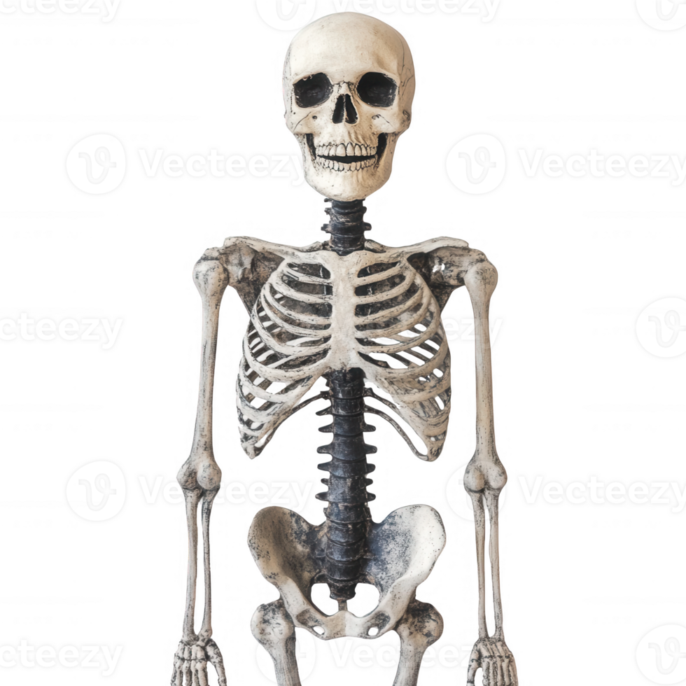 Realistic human skeleton model displayed in an educational setting. png