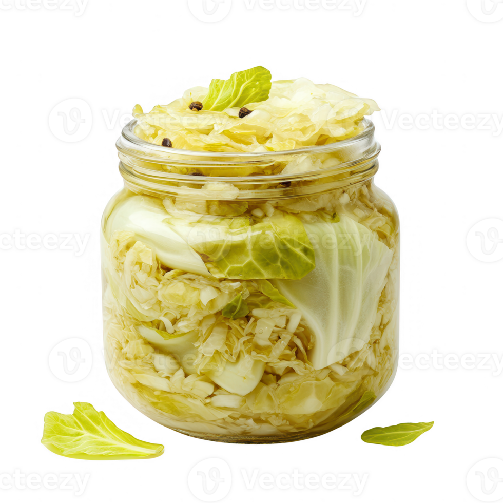 Healthful fermented cabbage in a glass jar, perfect for salads and sandwiches. png