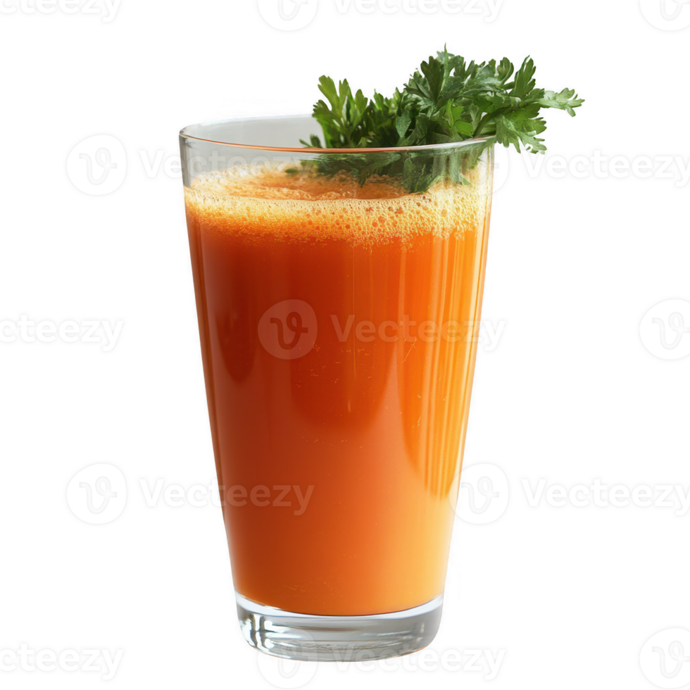 Freshly squeezed carrot juice garnished with green herbs in a tall glass. png