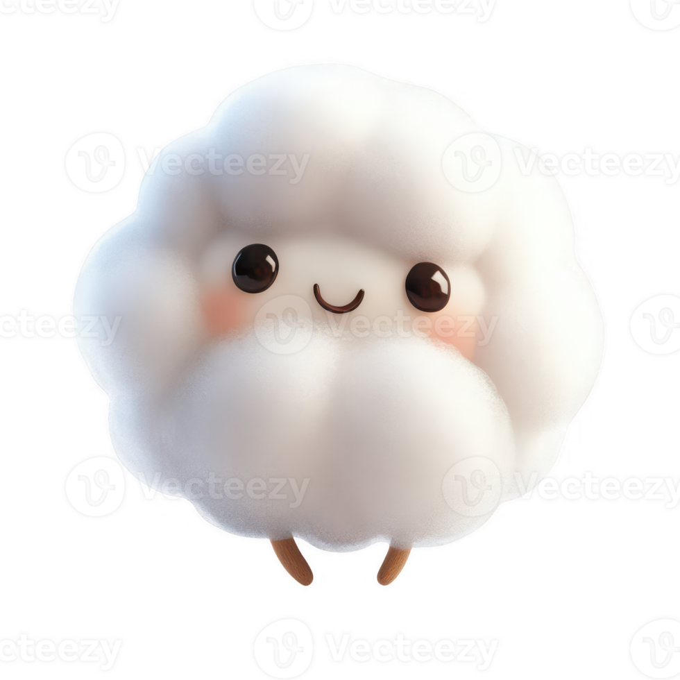 Cute, animated cotton cloud character with a smiling face and whimsical charm. png