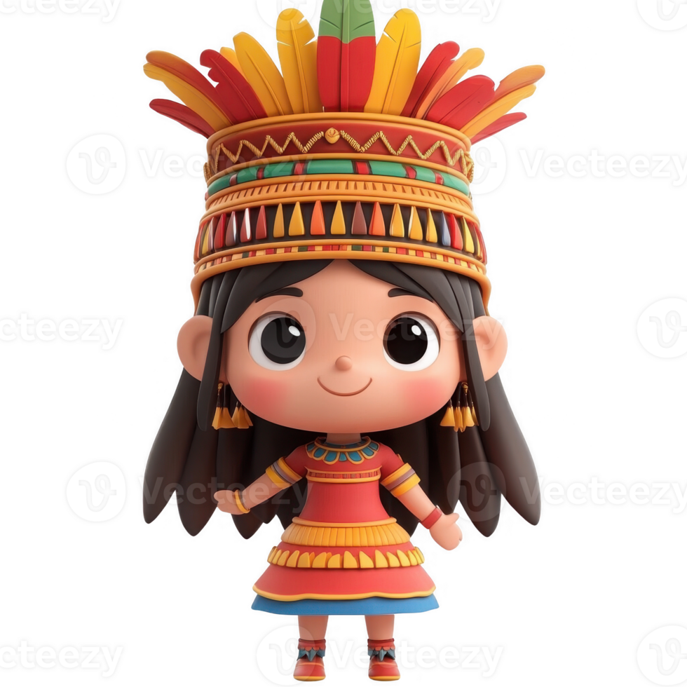 Vibrant character in traditional attire with colorful headdress. png
