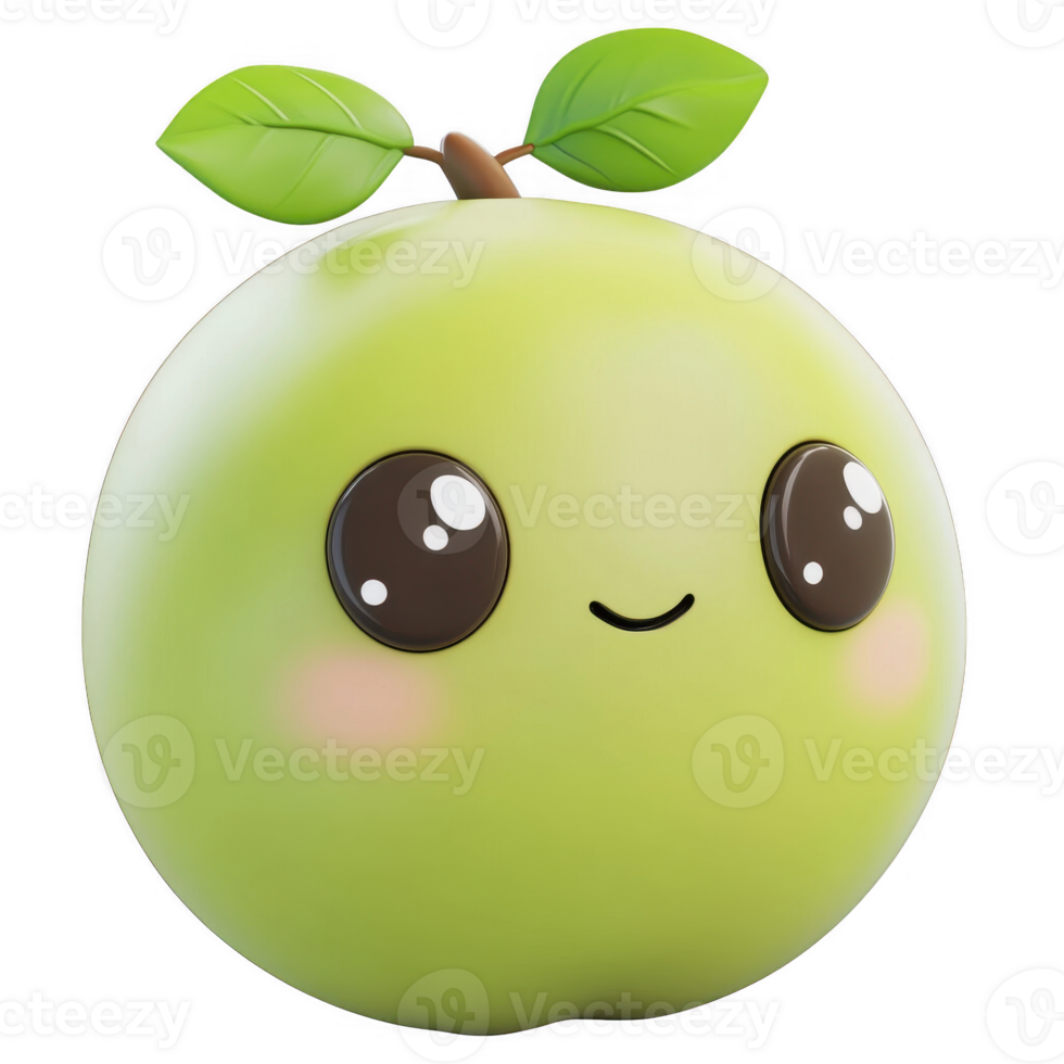 Cute green apple character with big eyes and cheerful expression. png