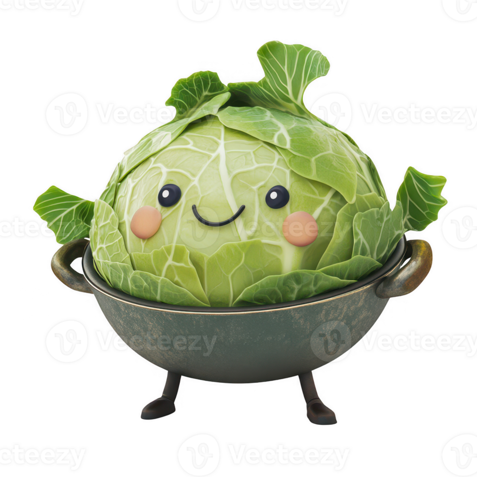 Cute cabbage character in a pot, perfect for themed culinary illustrations. png