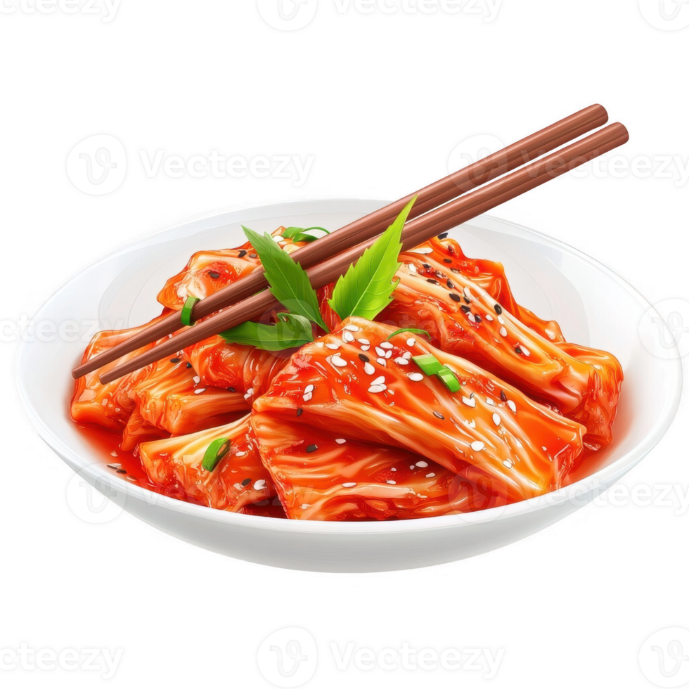 Delicious and vibrant kimchi served in a white bowl with chopsticks. png