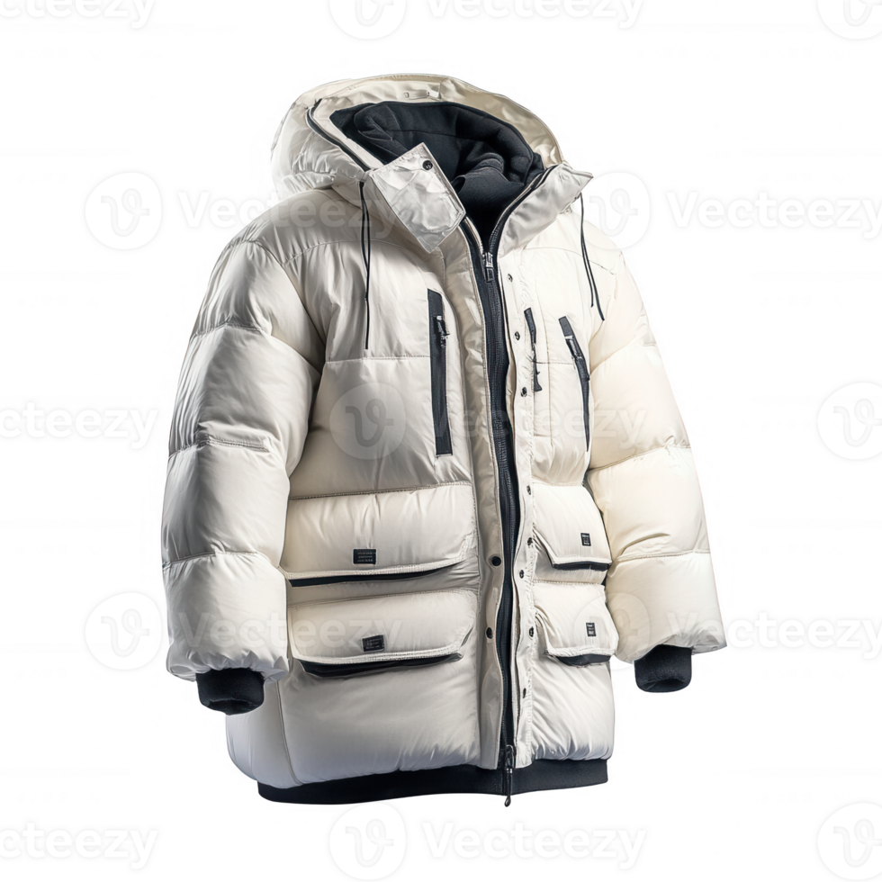 Stylish white winter jacket with a hood, perfect for cold weather adventures. png