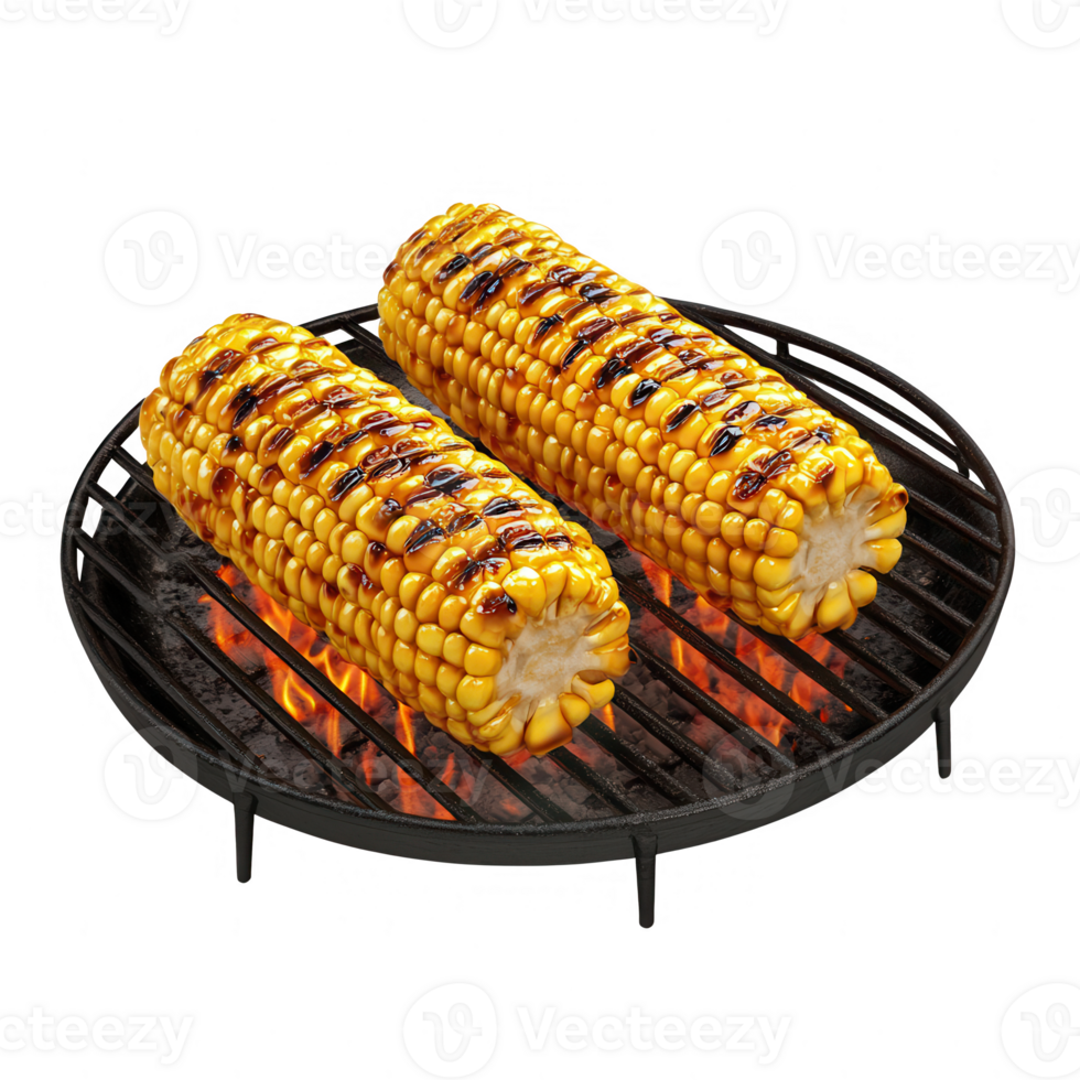 Grilled corn on the cob, showcasing perfect char and vibrant yellow kernels. png