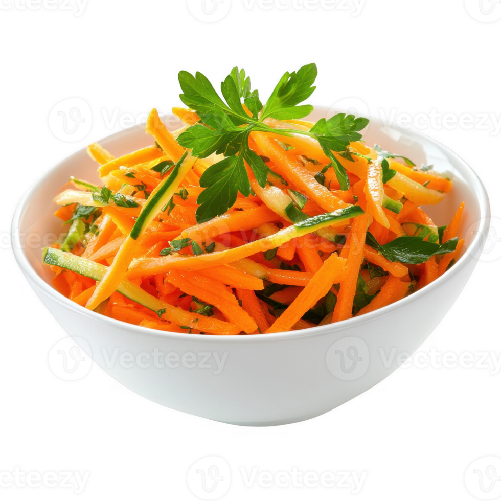 Freshly prepared carrot salad garnished with parsley in a white bowl. png