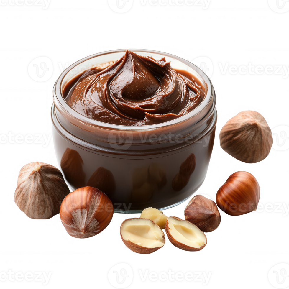 Delicious hazelnut spread in a jar surrounded by fresh hazelnuts. png