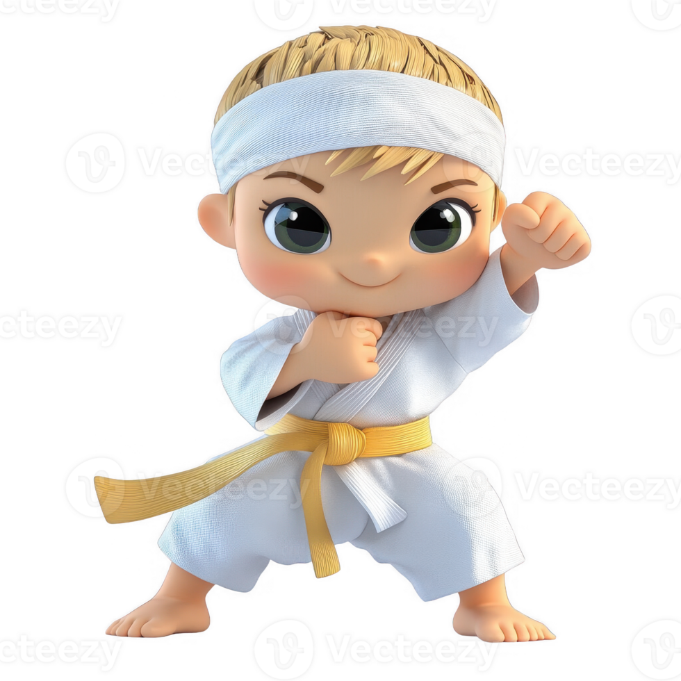 Cute cartoon child in karate gi performing a karate pose with confidence. png