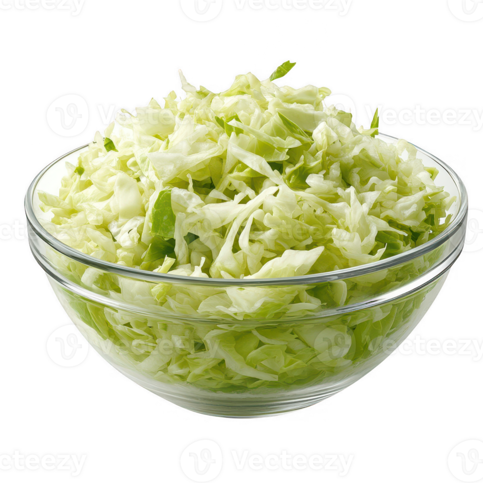 Freshly shredded cabbage in a clear glass bowl, perfect for salads and cooking. png