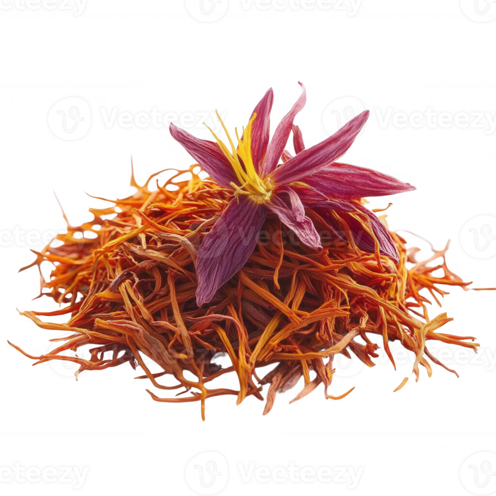 Vibrant saffron strands with a delicate purple flower accenting the composition. png