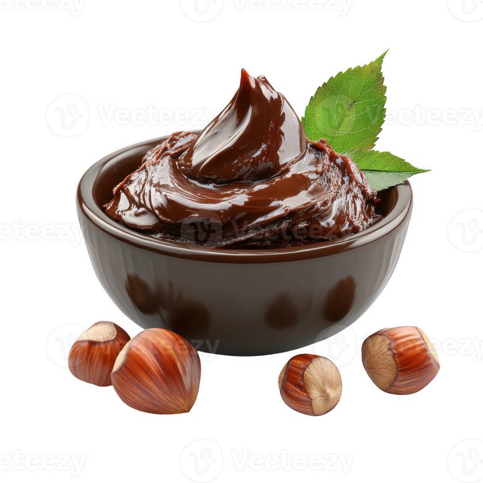 Delicious chocolate hazelnut spread in a bowl, garnished with fresh leaves. png