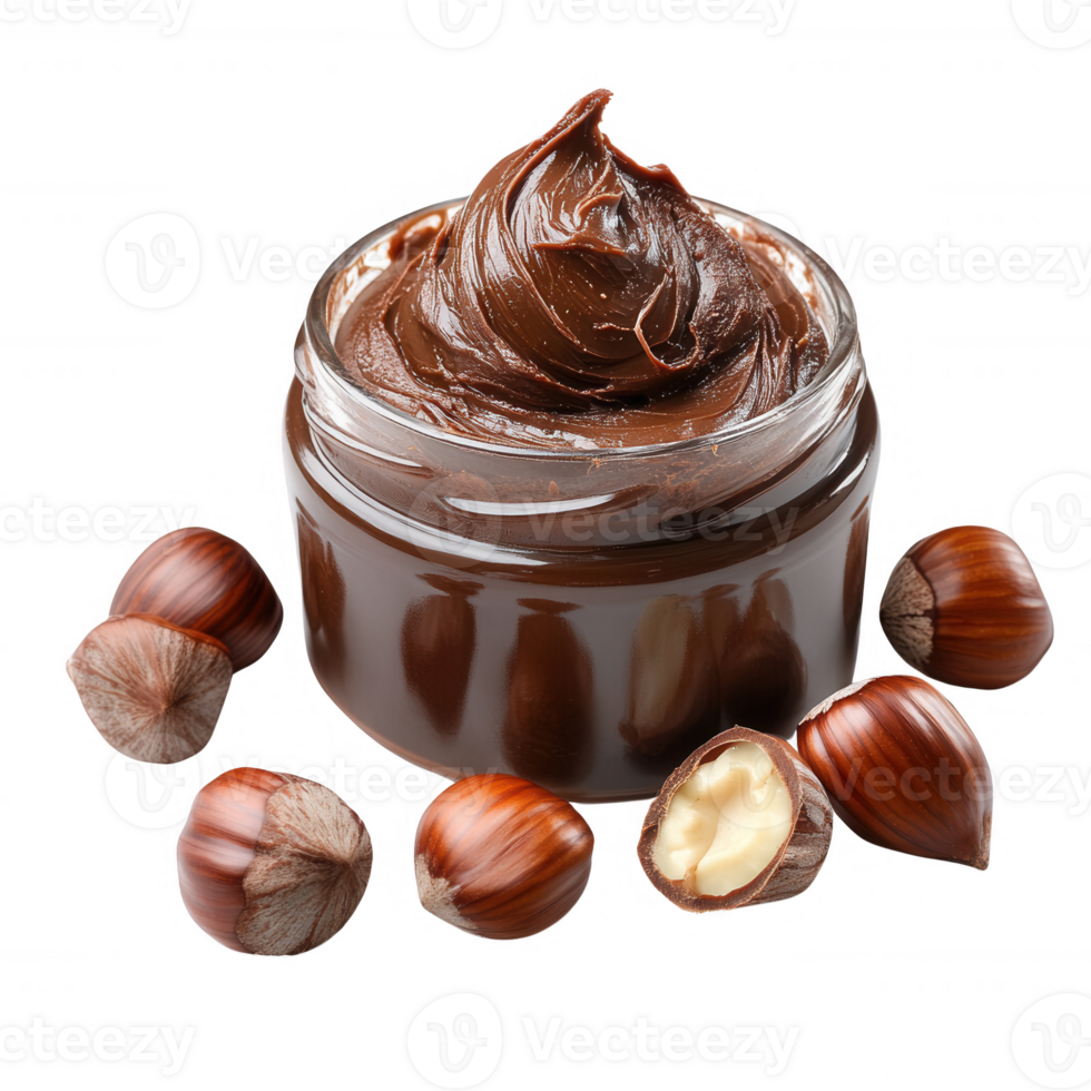 Rich chocolate spread in a jar with hazelnuts, perfect for desserts and breakfast. png