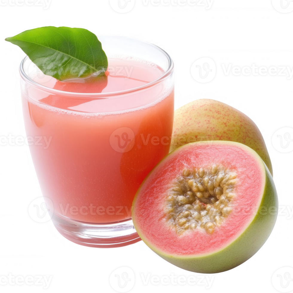 Refreshing guava juice with fresh slices and a mint leaf garnish. png