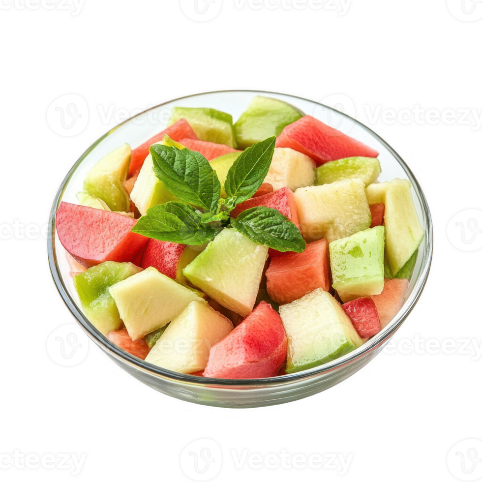 Freshly cut fruit salad in a glass bowl with mint garnish, vibrant and healthy. png