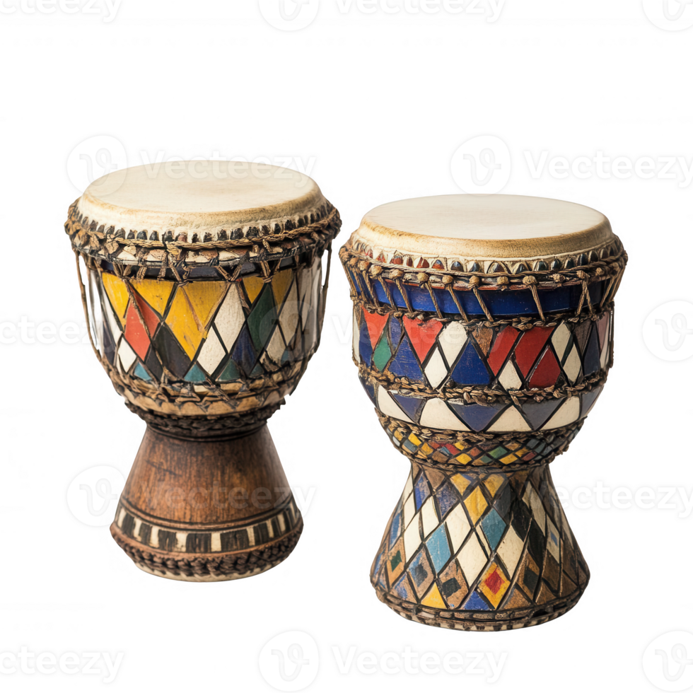 Traditional hand-painted drums with intricate patterns and vibrant colors. png