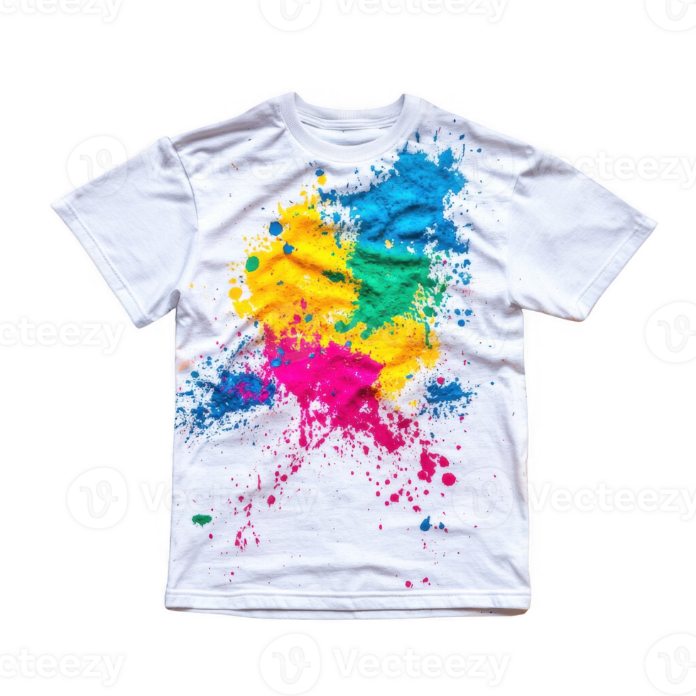 Vibrant splatter paint design on a white t-shirt showcasing artistic creativity. png