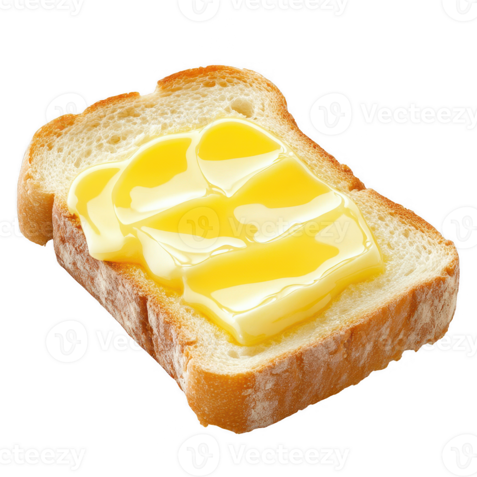Fresh slice of bread topped with melting butter, perfect for breakfast or snack. png