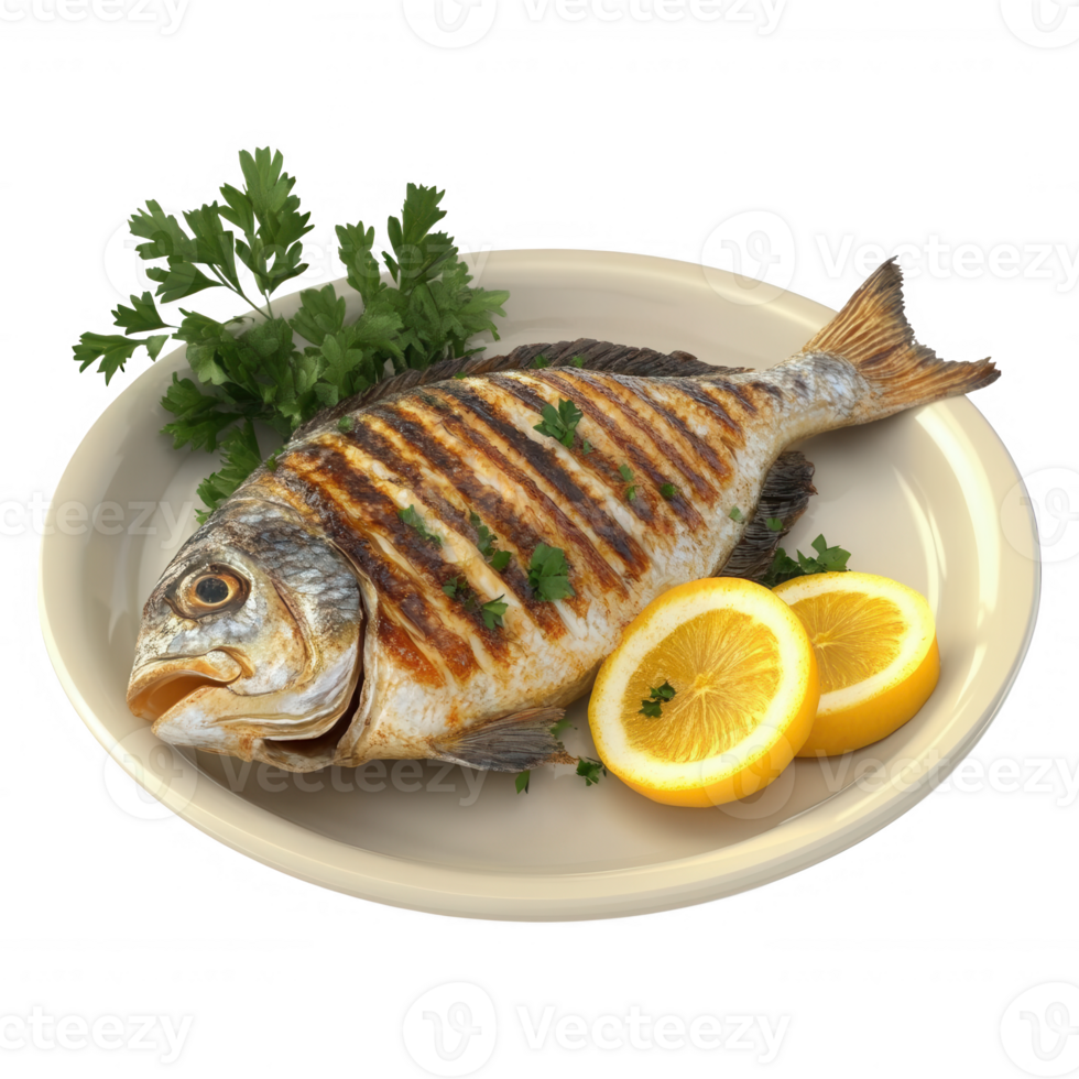 Grilled fish garnished with herbs and lemon slices on a plate, ready to serve. png
