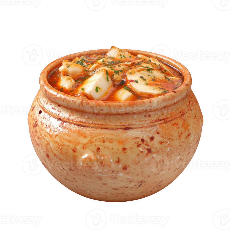 Delicious traditional stew served in a rustic clay pot, garnished with herbs. png
