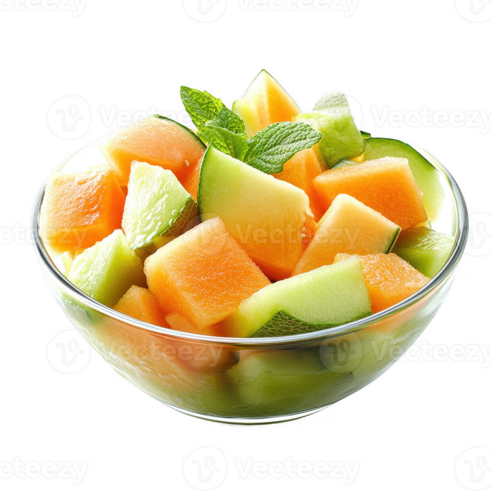 Fresh and colorful fruit salad featuring melon and mint in a clear glass bowl. png