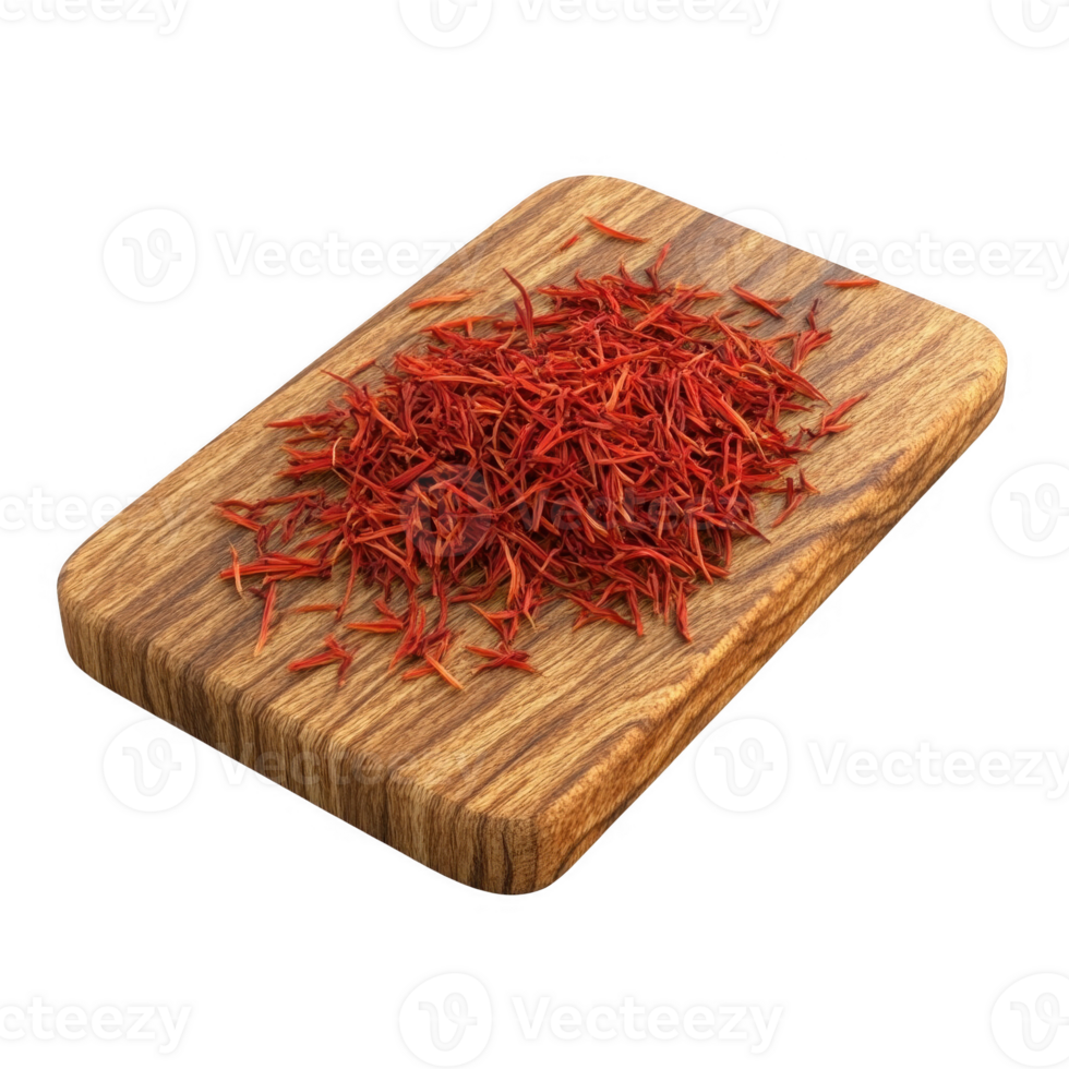 Vibrant saffron strands displayed on a wooden cutting board, showcasing its rich color. png
