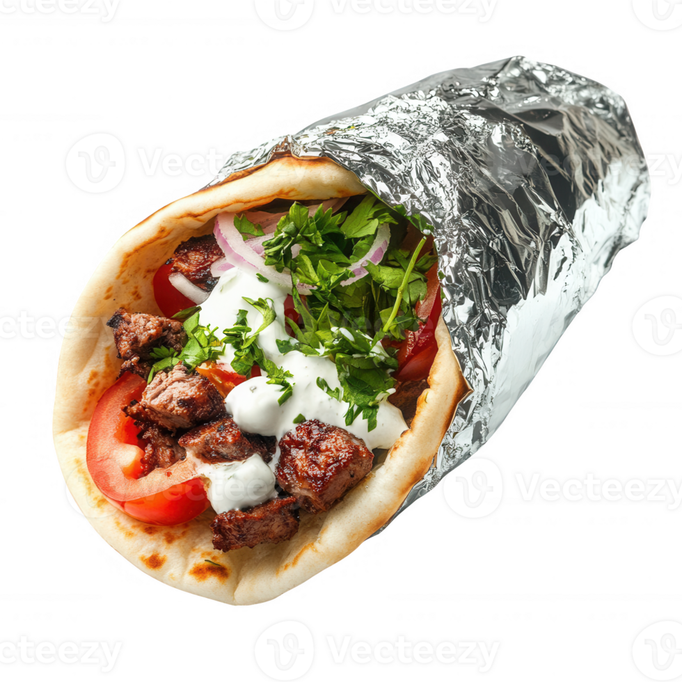 Delicious wrapped gyro filled with meat, fresh vegetables, and creamy sauce. png